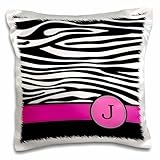 3dRose Letter J Monogrammed Black and White Zebra Stripes Animal Print with Hot Pink Personalized Initial-Pillow Case, 16 by 16' (pc_154281_1)