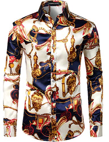 PARKLEES Chemise pour homme décontractée de luxe imprimée en satin soyeux avec boutonnage pour soirée et mariage, L