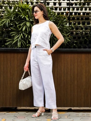 Image of Vogaan Women Cotton Linen Blend Straight Fit Trousers | High Waist Casual Office Pants | Solid Ankle Length Bottom Wear
