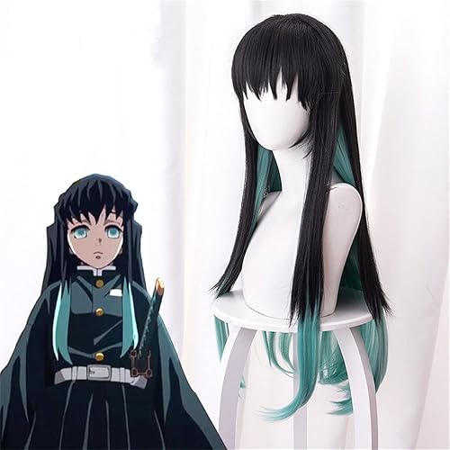Miniatura 3 de Mystylecos Peluca de anime negro mezcla azul Tokitou Muichirou peluca larga recta Cosplay peluca