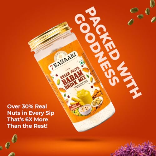 Image of 7 BAZAARI Kesar Pista Badam Milk Mix Powder 225g | Premium Badam Powder with Kesar, Pista & Spices | Ideal for Kids & Adults | No Artificial Flavours (Pack of 2)