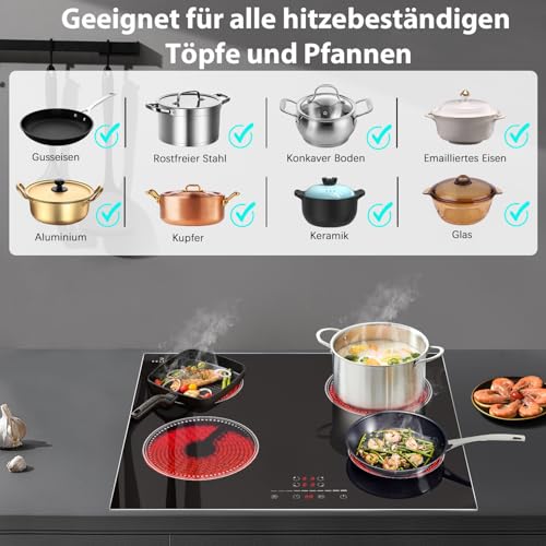 DELITEER Glaskeramikkochfeld 4 Platten, Kochfeld Autark, Kochfelder 59cm Einbau, 6000W, Slider-Touch-Steuerung, Sicherheitsschloss, Pausenfunktion, 220V, 50Hz, Kein Stecker