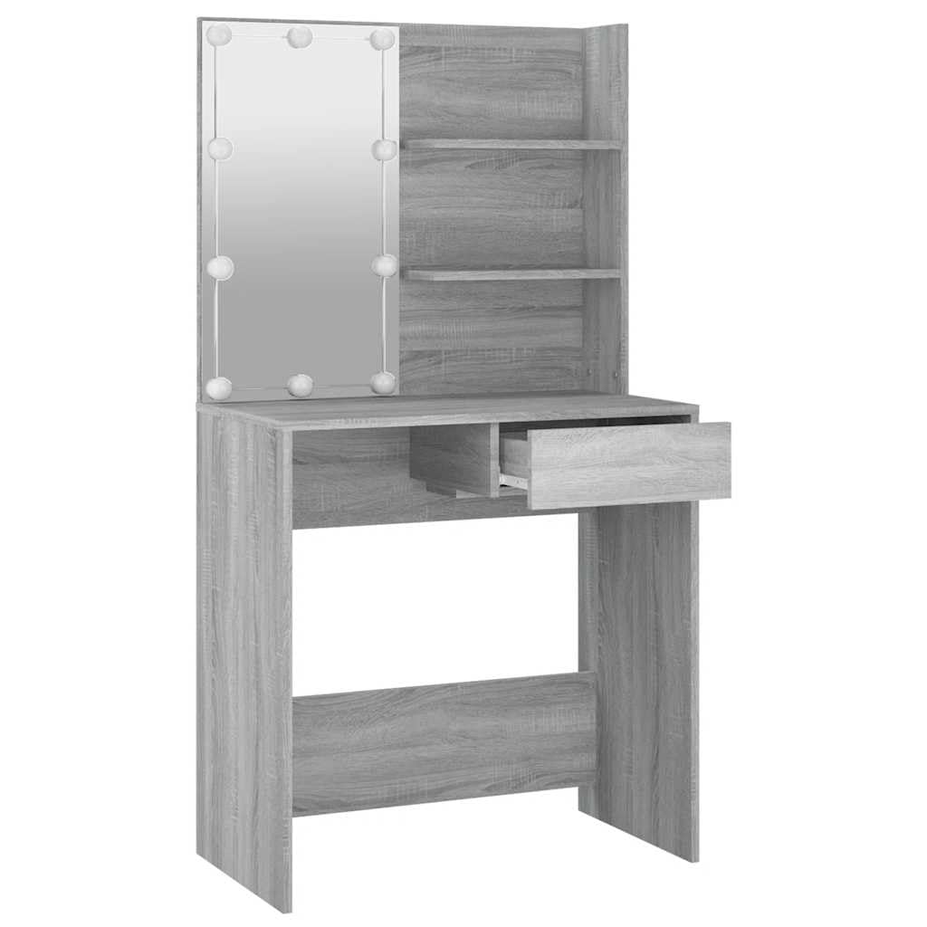 Tocador con iluminación LED gris Sonoma 74,5 x 40 x 141 cm con espejo cajón y estante, espacio de almacenamiento para dormitorio, habitación juvenil o niña