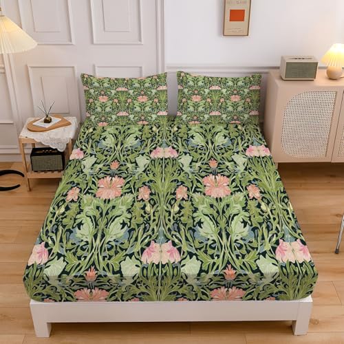 Sábana Bajera Ajustable para Cama 105, Sabana Microfibra Suave Patrón Campo Plantas Flores Rosas Enredaderas 105x190cm para Colchón de 30cm de Altura Verde