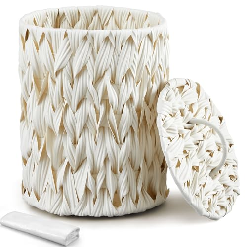 Image of Ctosree 1.3 Gallons Small Trash Can with Lid Handle Boho Woven Braided Bathroom Waste Basket Trash Can with 100 Garbage Bags for Bedroom Office Laundry(Braided Polypropylene, Cream White)