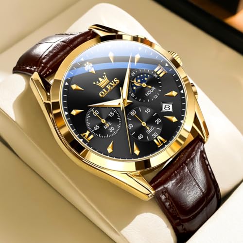 Image of OLEVS Men's Leather Analog Quartz Watch - Luxury Chronograph Wristwatch with Date, Waterproof, Luminous - Dress Style