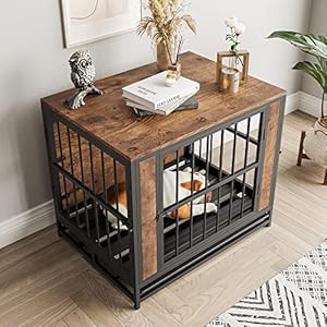 Dog Crate Furniture, Metal and Wooden Dog Crate, Dog Kennels with 3 Doors Indoor, Pet Puppy Crate End Table for Small Dog, Heavy Duty Dog House, Rustic Black and Brown