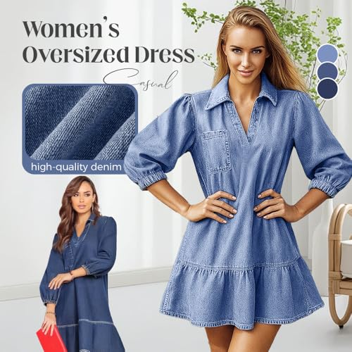 Women's V-Neck Denim Dress, A Line Mini Jean Dresses 3/4 Puff Sleeve Ruffle Loose Denim Layered Dress with Pockets3