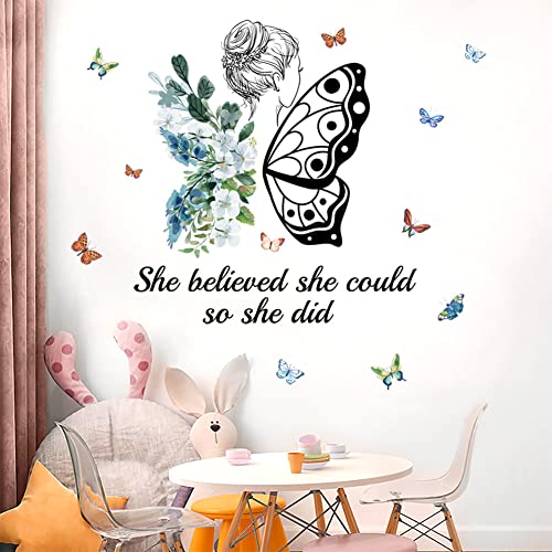 Girls Inspirational Wall Sticker Decal Wall Art Quote She Believed She Could So She Did Wall Decal Butterfly Motivational All Stickers Peel And Sticker Wall Decoration For Women Girls Bedroom Living Room Decor #TOP3