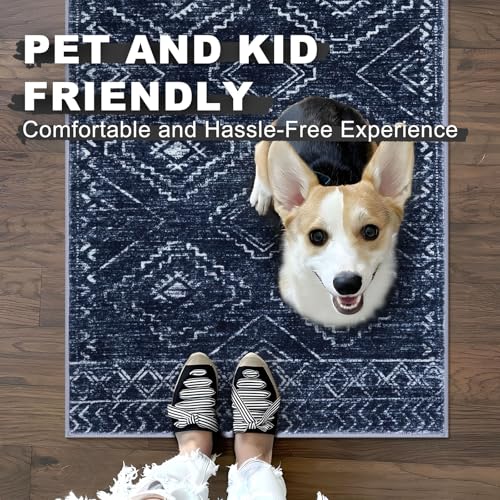KILOCOCO Boho Kitchen Runner Rug 2x6 Washable Runner Rug, Soft Runners for Hallways Non Slip Printed Distressed Laundry Room Rugs, Low-Pile Rugs for Entryway/Bedroom/Living Room, Dark Blue