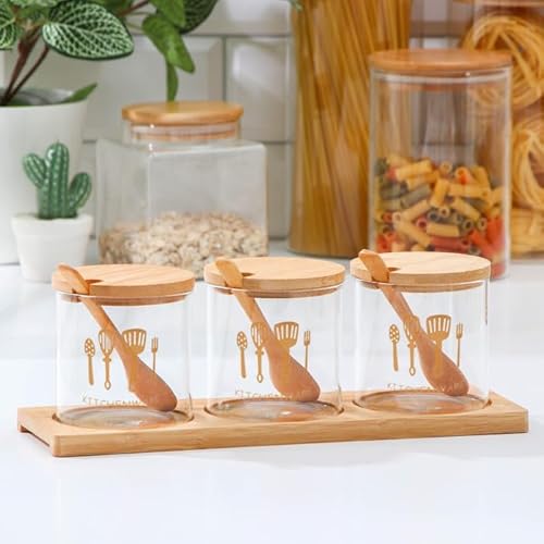KIT PORTA TEMPEROS CONDIMENTOS COZINHA AÇUCAREIRO SALEIRO DE VIDRO E BAMBU COM COLHER