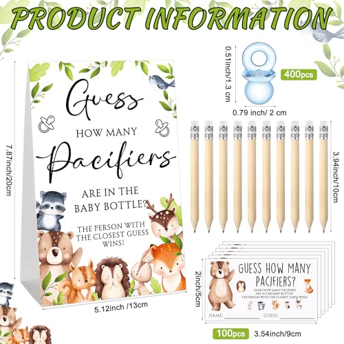 Image of Roowest 512 Pcs Baby Shower Games Guess How Many Pacifiers Sign 100 Small Guessing Games 10 HB Pencils 750ml Milk Bottle 400 Acrylic Pacifiers Decoration for Guest Gender Reveal(Bright,Woodland)