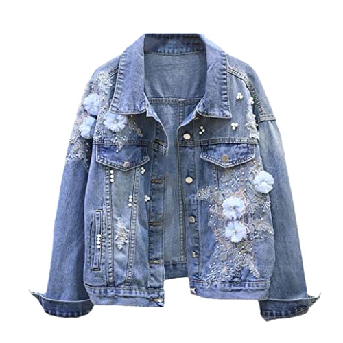 SaoBiiu Autumn Women Denim Jacket Embroidery Hole Loose Short Flowers Bead Jean Coat