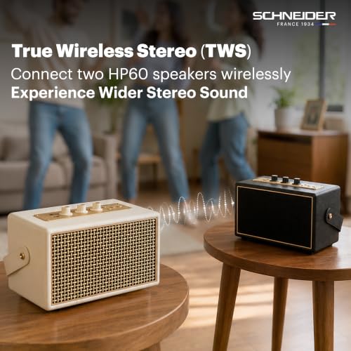 Image of Schneider ENERZA HP60 Wireless Portable Home Audio Speaker | 60W Triple-Driver 360 Sound | Wooden Acoustic Enclosure with Bluetooth 5.4 | Splashproof | Vintage Classic Design - Ivory