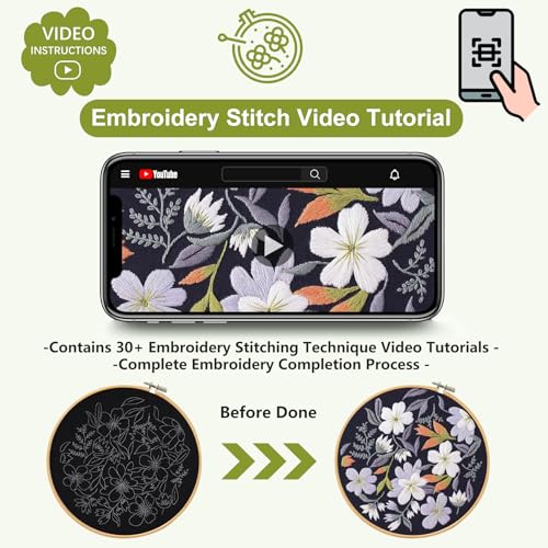 Image of Santune 3 Pack Embroidery Kit for Beginners, Needlepoint Cross Stitch Kits for Adults,Needle Point Sets with Stamped Petal Pattern Stitch Video Tutorial