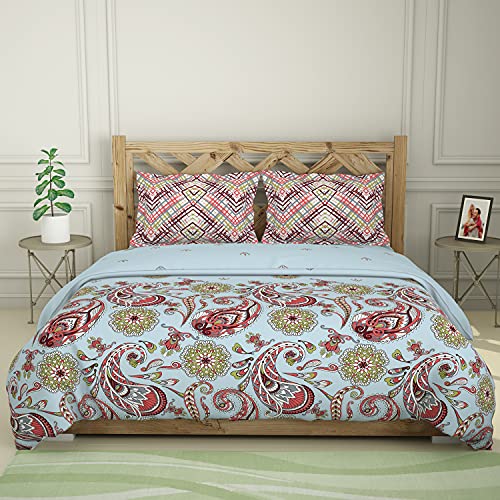 Image of SPACES Atrium 100% Cotton Shell Bed in a Bag Health Layer Protects for allergens & restricts Fibre Migration Soft Feel Skin Safe Breathable (Ornate, 224CMX274CM /224CMX270CM /43CMX68CM) - Delicate Blue