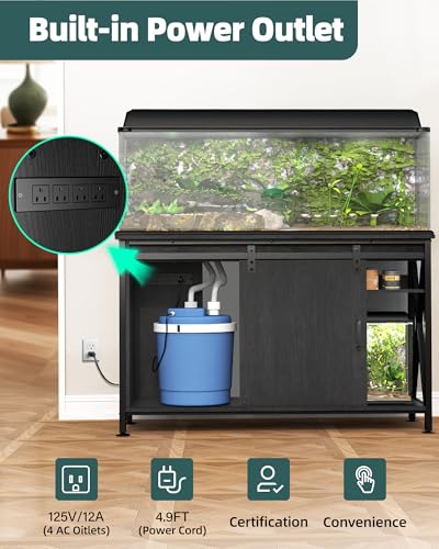 Image of Aquarium Stand for Fish Tank: 40-50 Gallon Fish Tank Stand with Sliding Door - Heavy Duty Metal Aquarium Table with Power Outlet - 2-Tier Breeder Turtle Reptile Terrarium Stand for Home & Office