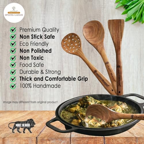 Image of Wooden Cooking Spoons Utensils, Sheesham Wood Kitchen Tools Stainer and Spatulas BPA Free (Set of 3)