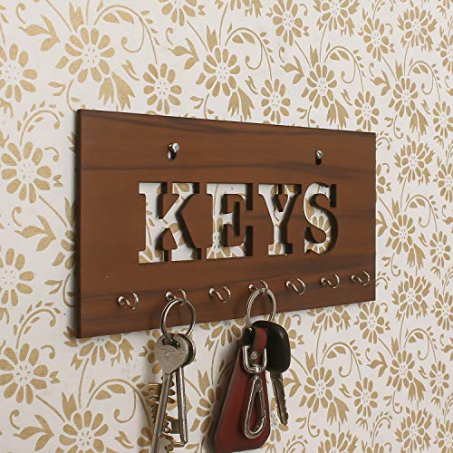 eCraftIndia Brown Keys Theme Wooden Key Holder With 7 Key Hooks For Wall - Key Organizer For Home And Office In Kitchen, Entryway, Hallway Or Living Room