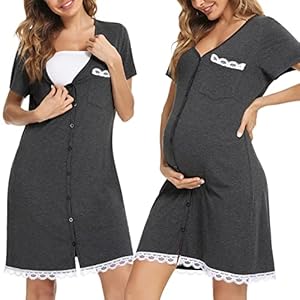 Uniexcosm Maternity Nursing Nightdress, Women’s Short Sleeve Nightwear Soft Button Down Nightgown Stripe Sleepwear…
