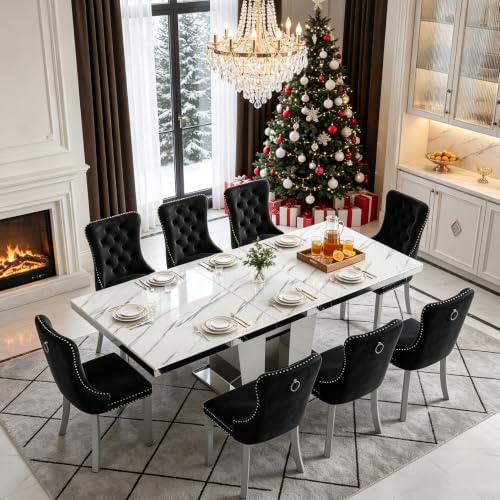 Image of White Faux Marble Extendable Dining Table Set for 8 Mirrored Base | 63 inch-94 inch Mirrored Pedestal Dining Set with 8 Velvet Chair,Modern Large Expandable Kitchen Table Set for Dining Room Gathering