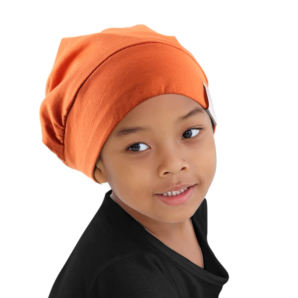 Kids Beanie Sleep Hats Bonnet for Child Natural Curly Frizzy Hair | Night Sleeping Cap Silky Lined Satin Bonnet with Adjustable Elastic Band for Teens Toddler Hair Cover (Cinnabar Tangerine)