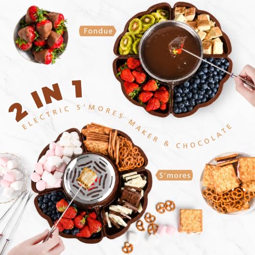 Image of 2 in 1 Electric S'mores Maker & Fondue Pot, Tabletop Indoor Smores kit with 4 Roasting Forks, 4 Detachable Trays & 1 Flameless Temperature-controlled Heater, Movie Night Supplies & Housewarming Gifts