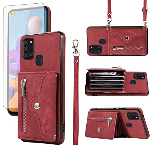 Coque Samsung A21S portefeuille cuir rouge avec porte-carte et support antichoc