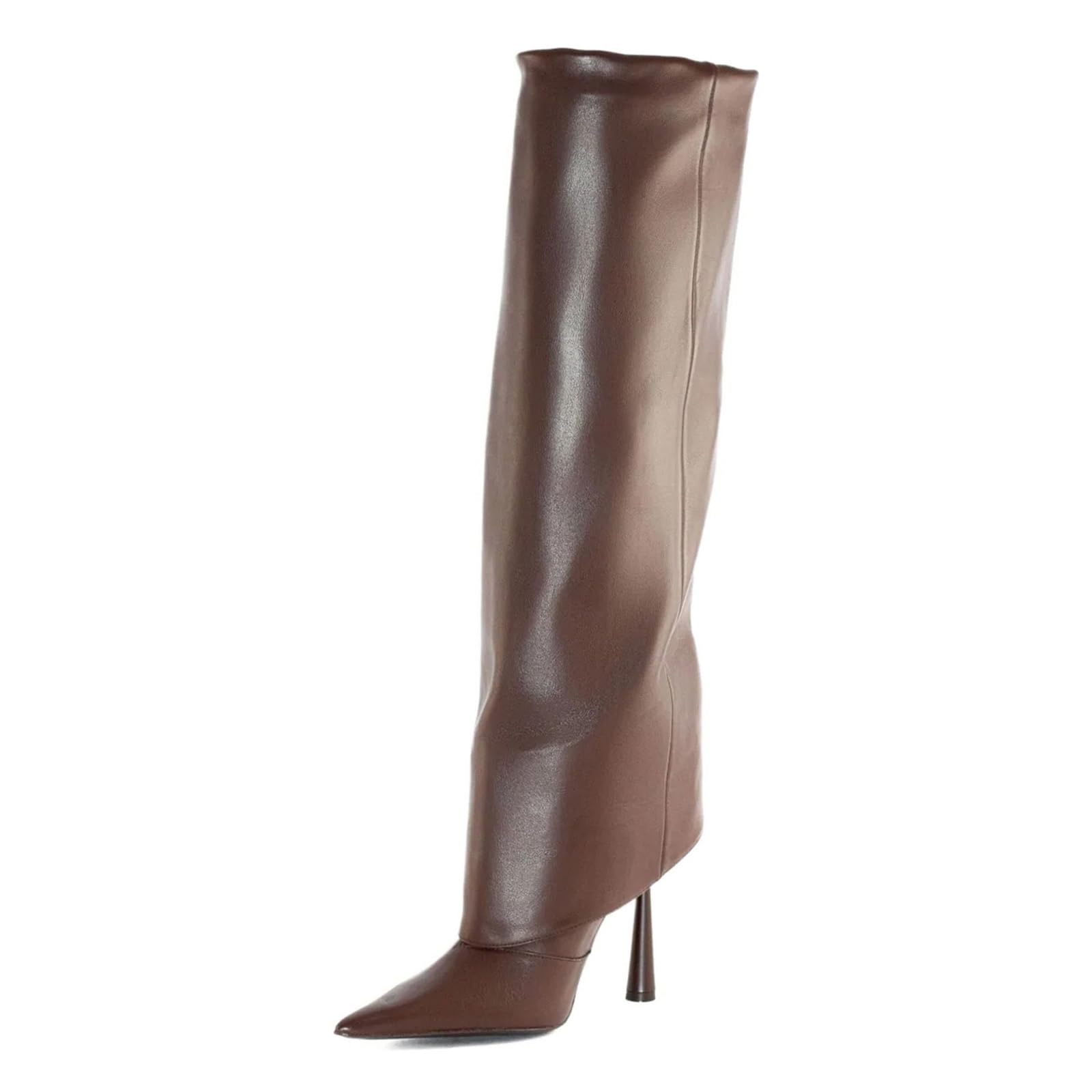 olomisa Knee High Boots for Women Fold Over Pointed Toe Stiletto High Heel Pull On Tall Boots