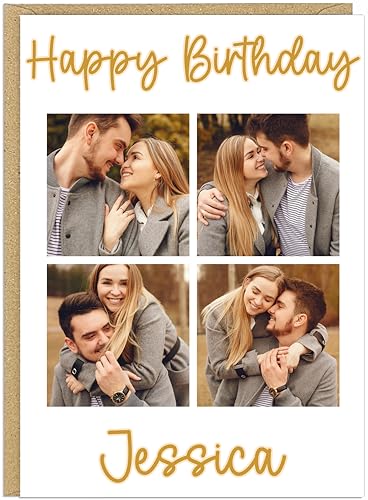Happy Birthday Personalised 4 Photo Birthday Card for Her Women Girls - Custom Upload Own Pictures & Message Pink Grey Gold Text A5 Greeting Card For Sister Daughter Mum Friend (Gold Text)