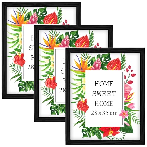 MG Design Set aus 3 Schwarz Bilderrahmen 25 x 35 cm Aus echtem Holz mit Acrylglas zum Aufhängen & Aufstellen für Fotos Poster & Puzzle