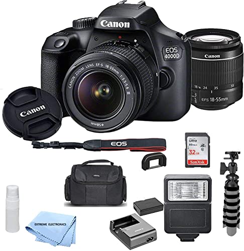 Canon EOS 4000D DSLR Camera w/Canon EF-S 18-55mm F/3.5-5.6 III Zoom Lens + Case + 32GB SD Card + More + Extreme Electronics Cloth