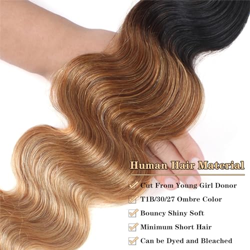 Image of 16A Ombre Body Wave Bundles Human Hair (T1B /30 /27,22 inch 22 inch 22 inch) 100% Real Human Hair 3X Longer Lifespan 100% Unprocessed Brazilian Virgin Hair Ombre Brown Body Wave Human Hair Weave Bundles