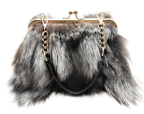 Luxurious Fashion Natural Fox Fur with Hair Handbag for Women and Ladies (Silver Gray)