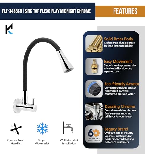 Image of KAMAL Full Brass Sink Tap Flexo Play Midnight Chrome | Shower & Aeartor Mode | Dual Flow Flexible Silicone Swivel Spout 360 Degree | Cold Water Tap Bib Tap Faucet (Wall Mount Installation Type)
