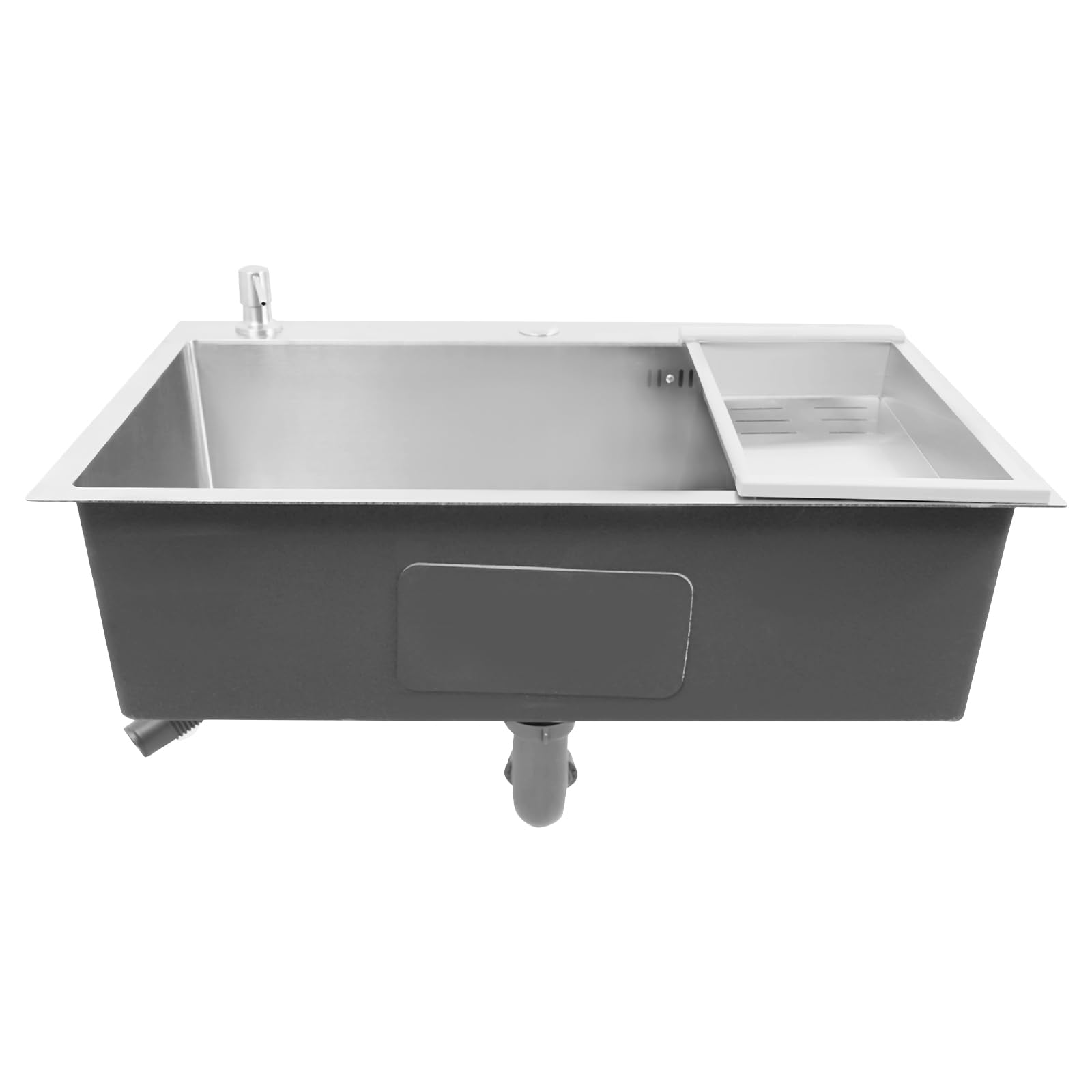Einschalen Spülbecken Edelstahl +Seifenspender Abtropfkorb Küchenspüle 68 * 45CM mit Abtropffläche, Seifenspender, Unterbau - Silber