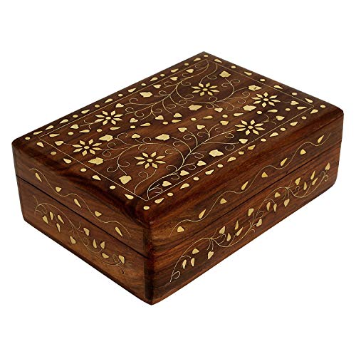 Ajuny Caja joyero de madera 7x5 pulgadas con diseño floral vintage e incrustaciones de latón, cofre decorativo para joyas y recuerdos, organizador de tocador y regalo elegante para mujer