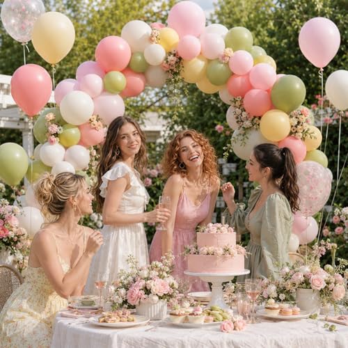 Image of Pink and Green Balloons, 60 Pcs 12 Inch Dusty Green Dusty Pink Ivory White Soft Yellow Latex Balloons for Baby Shower Birthday Gender Reveal Party Decorations
