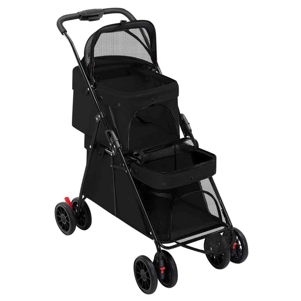 Double Couche Poussette pour Chien Chat Animaux, Animaux Voyage Poussette, Pliable Chien Chat À Quatre Roues Chariot/Landau Jogger/Poussette Buggy-67 * 50 * 95cm- Noir