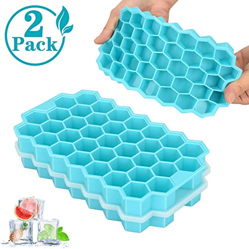 Renohef Bandejas para Cubitos de Hielo, Cubitos de Hielo de Silicona de liberación rápida en Paquete de 2 con Tapa Flexible 74 bandejas para Hielo, Whisky, cócteles y Otras Bebidas (Azul)