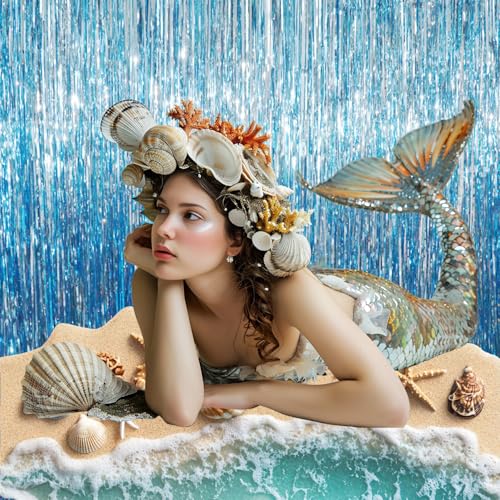 Image of GOER 3.2 ft x 9.8 ft Metallic Tinsel Foil Fringe Curtains Party Photo Backdrop Party Streamers for Birthday,Graduation,New Year Eve Decorations Wedding Decor (4 Packs,Blue)
