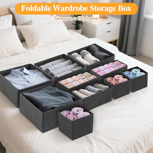 EXCLOUNT 10 Pack Kleiderschrank Organizer, Faltbare Aufbewahrungsbox Stoff, Schrank Organizer Kleiderschrank, Schrank Organizer Schubladen für Babykleidung, Socken, Unterwäsche, Grau