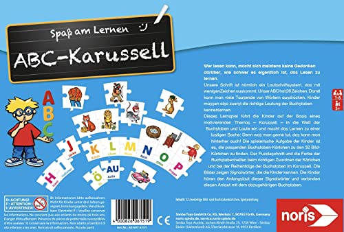 Foto von Noris 606076151 ABC Karusell - Kinderspiel ab 5 Jahren, Puzzle Lernspiel, Spaß am Lernen, für 1 bis 6 Spieler