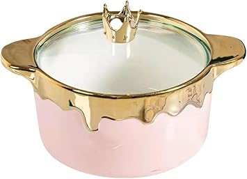 KARPURA CERIMIC Casserole Dish with LID (Soup Pot Nonstick Gold Rim Instant Noodle Bowl for Pasta, Dumplings, Porridge, Oatmeal) (Green) (Pink)