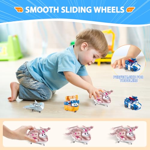 Super Wings 2" Transform-a-Bots 4-Pack, Supercharged Marty, Traver, Golden Girl, Lucie, Airplane Toys Vehicle Mini Figures, Fun Toys for Kids, Transformable Toy for 3 4 5 Year Old Boys and Girls