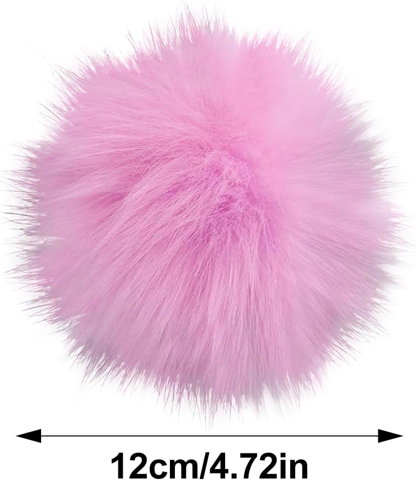 Queenbox 4.7in Fluffy Pom Pom with Elastic Loop, Solid Faux Fur Pompom Ball for Knitting Hat Clothing, Pink