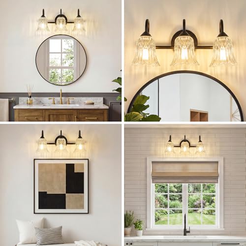 Image of Vintage Bathroom Vanity Light Fixtures, 3-Light Black Vanity Lighting Fixture with Flower Glass Shade, 18.9 Inch Bathroom Lighting Fixtures Over Mirror, Living Room, Dressing Table