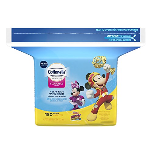 Cottonelle Flushable Toddler Wipes for Kids, Refill, 150 ct Each Refill (Case of 8) Fragrance-Free Wet Wipes in Disney Packaging, Mickey Mouse