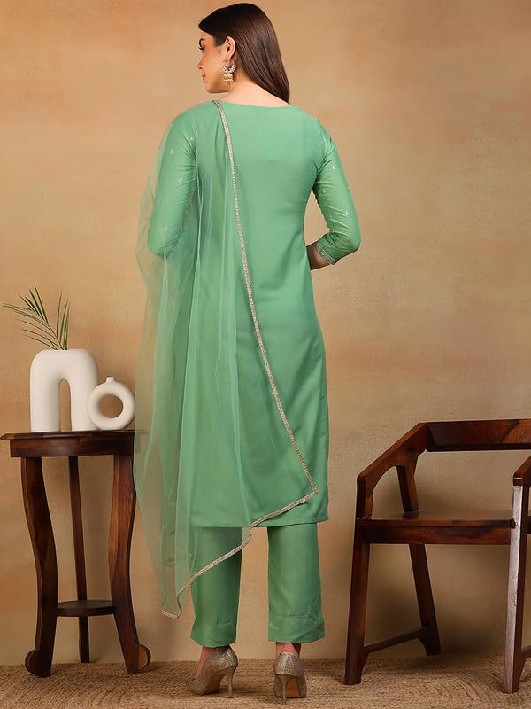 Image of Vaamsi Women's Silk Blend Floral Embroidered Straight Kurta Pant With Dupatta With Cotton Inner
