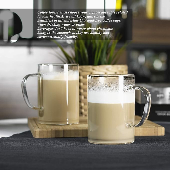 Image of PrimeWorld Glass Coffee Mugs - Set of 4, 470 ml | Large Clear Glass Tea & Coffee Cups | Lead-Free Flat Bottomed Glasses for Latte, Milk, Water & Everyday Beverages